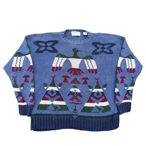 Vintage Southwestern Thunderbird Woods & Gray Chunky Knit Sweater Size Large